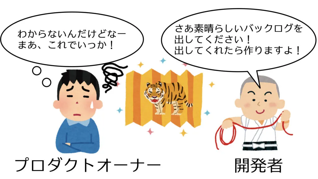 バックログを求める開発者と困惑するプロダクトオーナーのイラスト