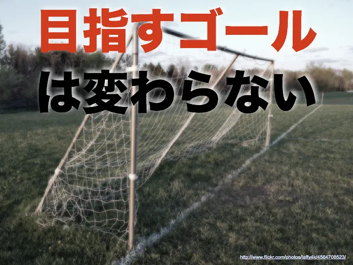 「目指すゴールは変わらない」サッカーゴールの写真スライド
