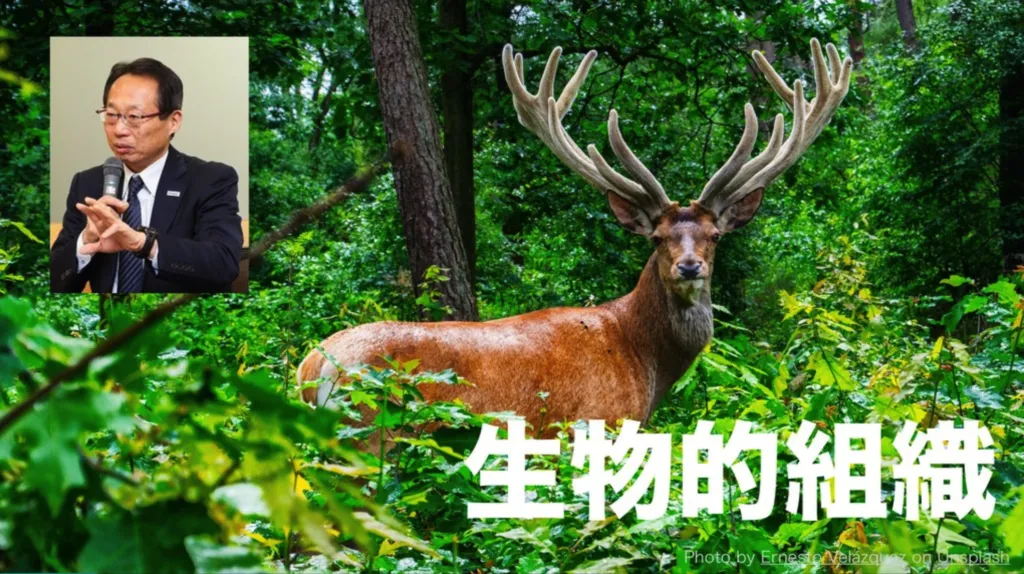 生物的組織と書かれた岡田武史さんと鹿のスライド
