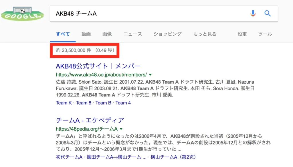「AKB48 チームA」のAND検索で約2,350万件に絞られた結果