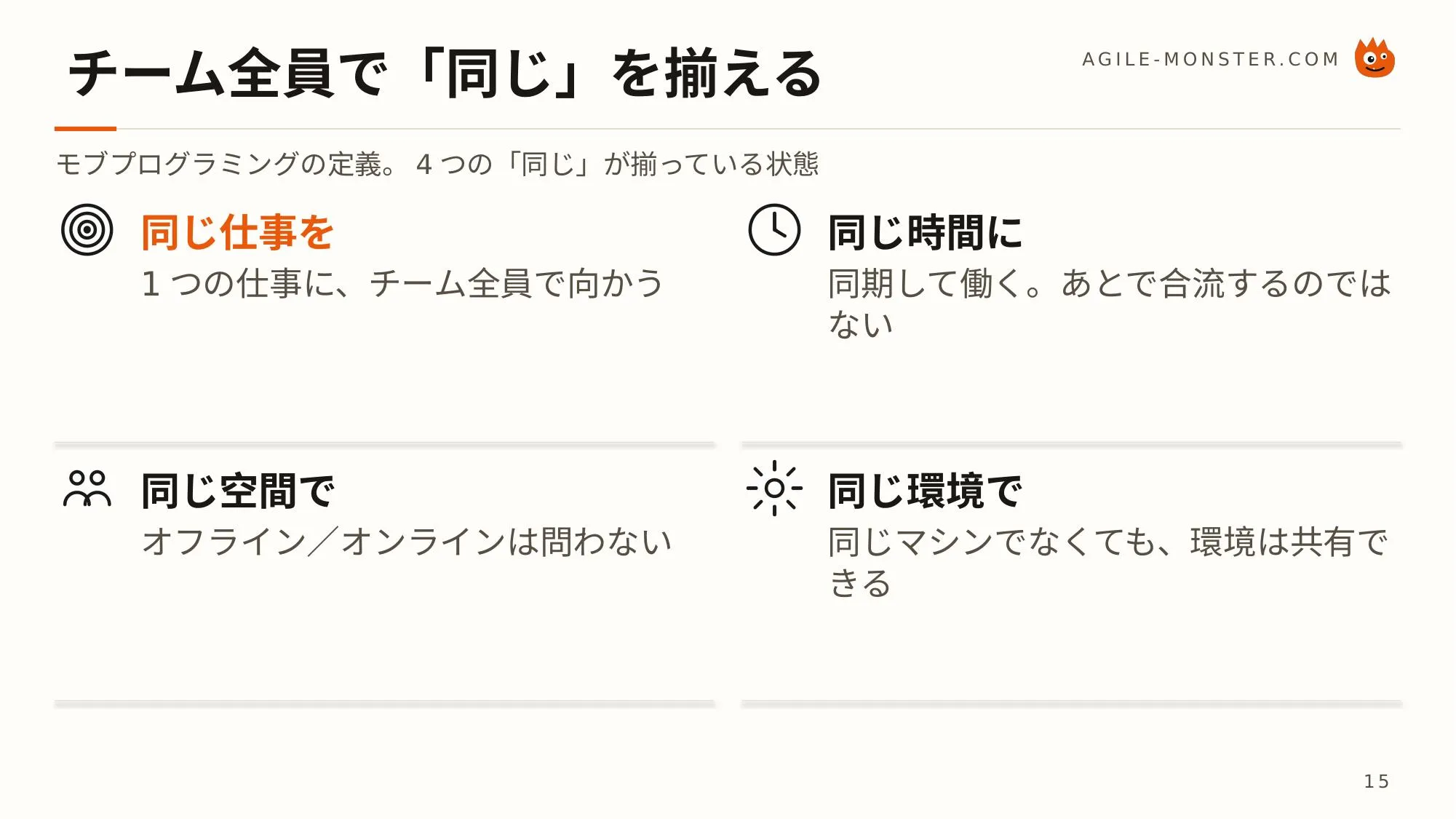 モブプログラミングの定義。同じ仕事を・同じ時間に・同じ空間で・同じ環境で